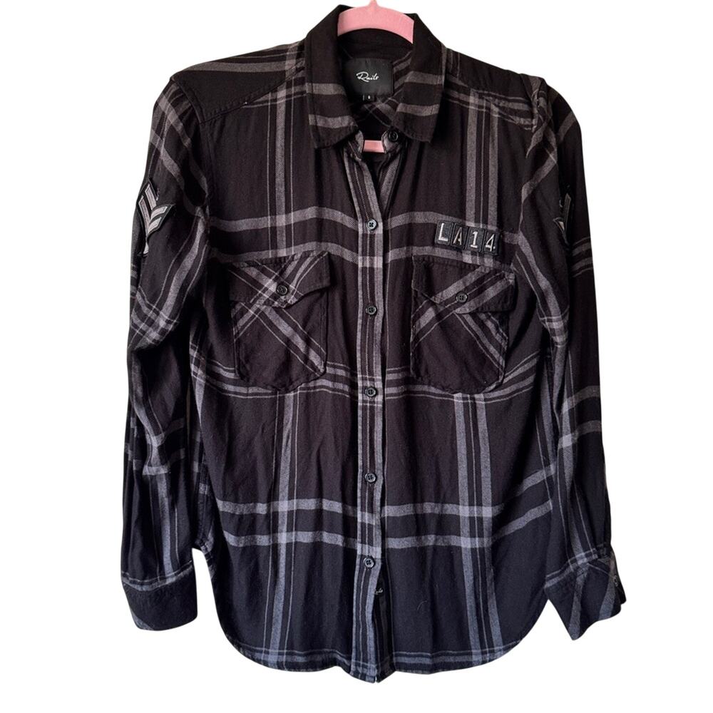 Rails Black Grey Plaid Button Down Shirt Womens S Long Sleeve Fall Casual Patch